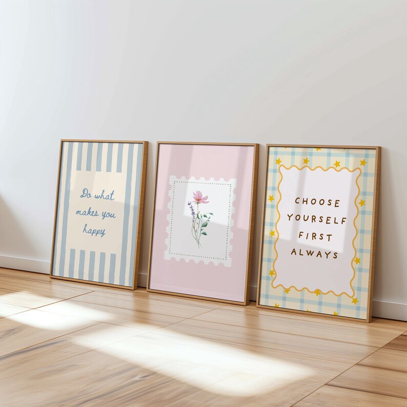 Colorful preppy gallery wall set with motivational quote prints, pastel florals, bows, striped patterns, and playful dopamine decor artwork displayed in gold frames on a neutral wall.