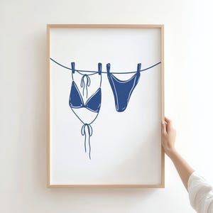 Navy blue bikini wall print, Bikini Hanging Poster, Beachy Wall Art, Bikini on Clothesline, Trendy coastal Summer Art, Digital Art Print