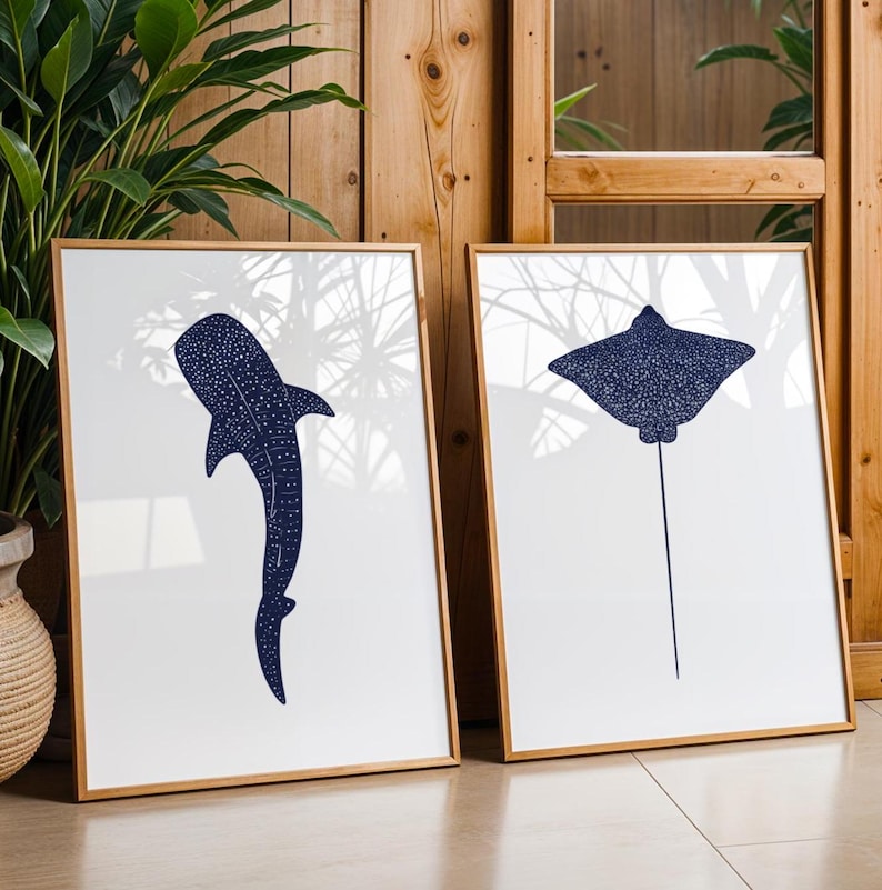 Whale Shark & Eagle Ray Print Set: Ocean Animal Wall Art, Diver Gift ...