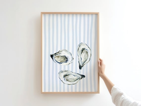 Watercolor Oyster Print: Coastal Kitchen Art, Blue and White (Digital Download)