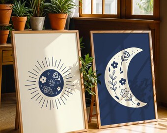 Navy Blue Sun and Moon Print Set: Boho Celestial Wall Art (Digital Download