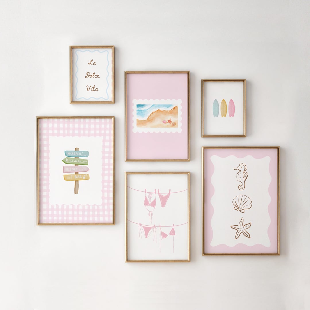 Coastal Gallery Wall Set of 6, Pink Blue Beach Prints, Preppy Coastal ...