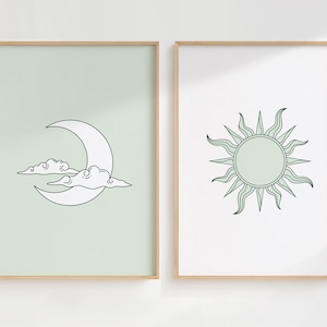 Sun and Moon Art Print Set of 2, Day and Night Art, Green Boho Spiritual Wall Decor, Neutral Digital Prints, Trendy Digital Download