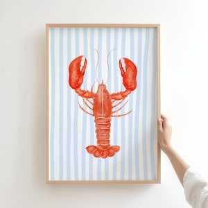Red Lobster With Blue Stripes, Beach House Decor, Sea Life Posters, Blue Stripe Background, Ocean Kitchen Print, Digital Download