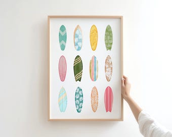 Colorful Surfboard Wall Art, Boho Coastal Decor Print, Digital Download
