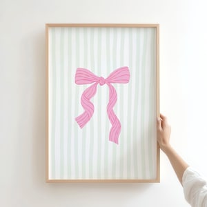 Coquette Wall Art, Pink Bow Print, Preppy Pink and Green Decor, Grandmillennial Poster, Digital Download