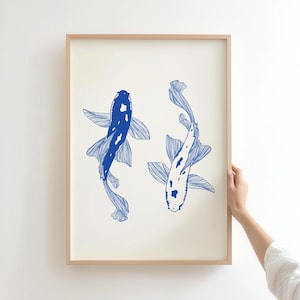 Blue Koi Fish Art Print: Japanese Yin Yang Zen Decor (Digital Download)