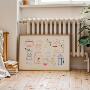 May include: A framed print featuring colorful line drawings of coffee-related items, including a cup, grinder, coffee maker, and French press. The artwork is displayed in a light-filled room with a wooden floor and a potted plant.