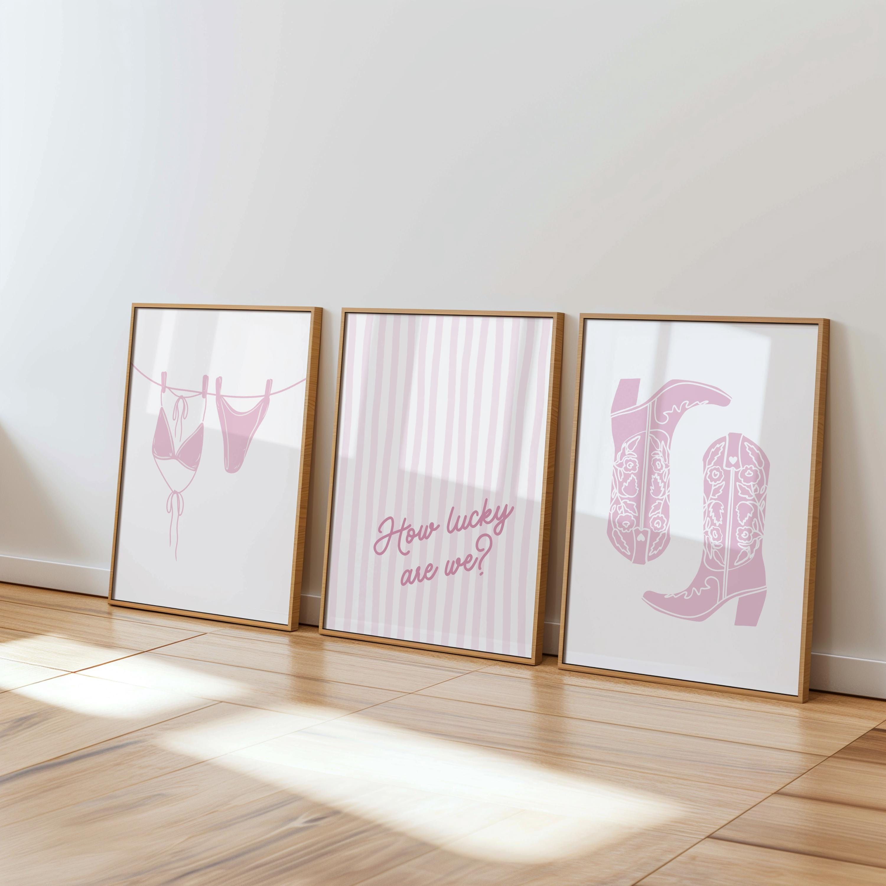 Coastal Cowgirl Wall Art Set of 3, Pink Preppy Dorm Decor, How Lucky Are We Quote, Bikini & Cowboy Boots Prints, Printable Digital Download