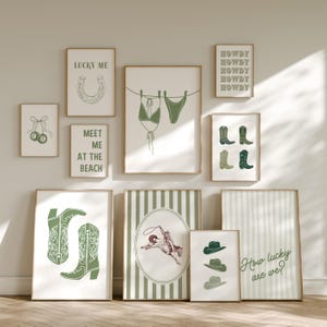 Coastal Cowgirl Wall Art Set of 10, Sage Green Gallery Wall Set, College Apartment Art, Lucky Girl Wall Art, Trendy Dorm Posters