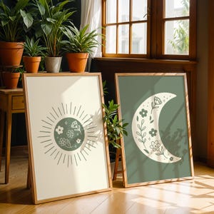 Boho sage green wall art set, Sun and Moon Print Set of 2, Day and Night Art, Minimalist Boho Decor, Trendy Digital Download