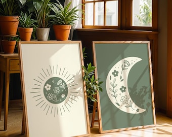 Boho sage green wall art set, Sun and Moon Print Set of 2, Day and Night Art, Minimalist Boho Decor, Trendy Digital Download