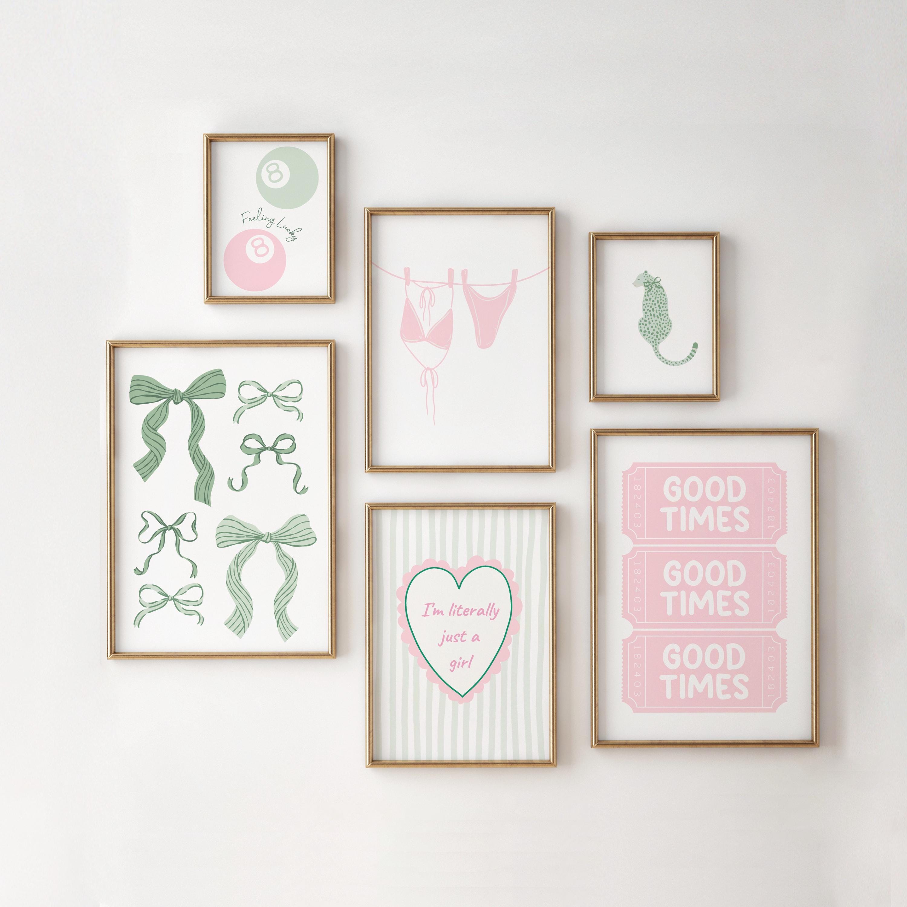 Pink and Green Gallery Wall Bundle Set of 6, Bikini Bow Art, College Dorm Apartment, Just a Girl Quote, Girly Bar Cart Print, Preppy Dorm