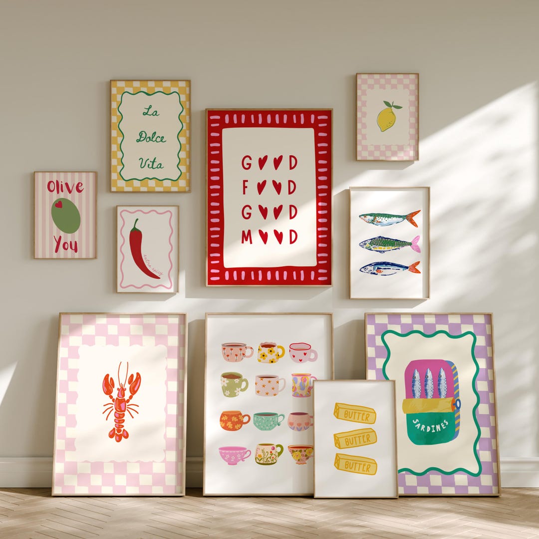 italian kitchen wall decor | kitchen wall art set of... Retro Italian Kitchen Wall Art Set of 10, Good Food Good Mood Poster ...