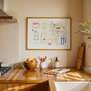 May include: A kitchen scene with a wooden countertop, a stove, and a framed print featuring coffee-related illustrations. A wooden bowl holds oranges, and a white ceramic vase holds wooden spoons. A soap dispenser and a cutting board are also visible.