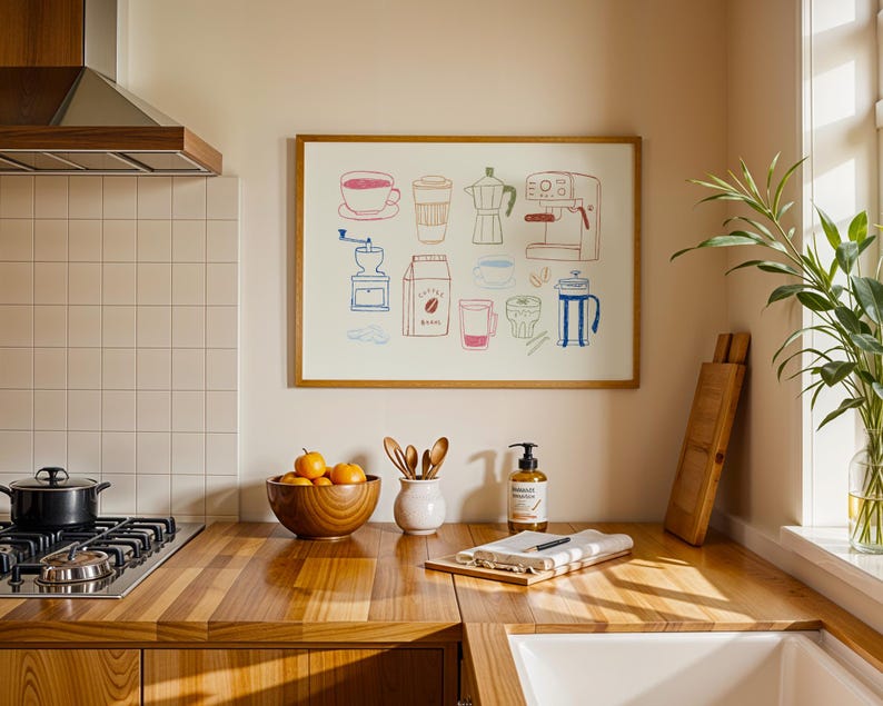 May include: A kitchen scene with a wooden countertop, a stove, and a framed print featuring coffee-related illustrations. A wooden bowl holds oranges, and a white ceramic vase holds wooden spoons. A soap dispenser and a cutting board are also visible.