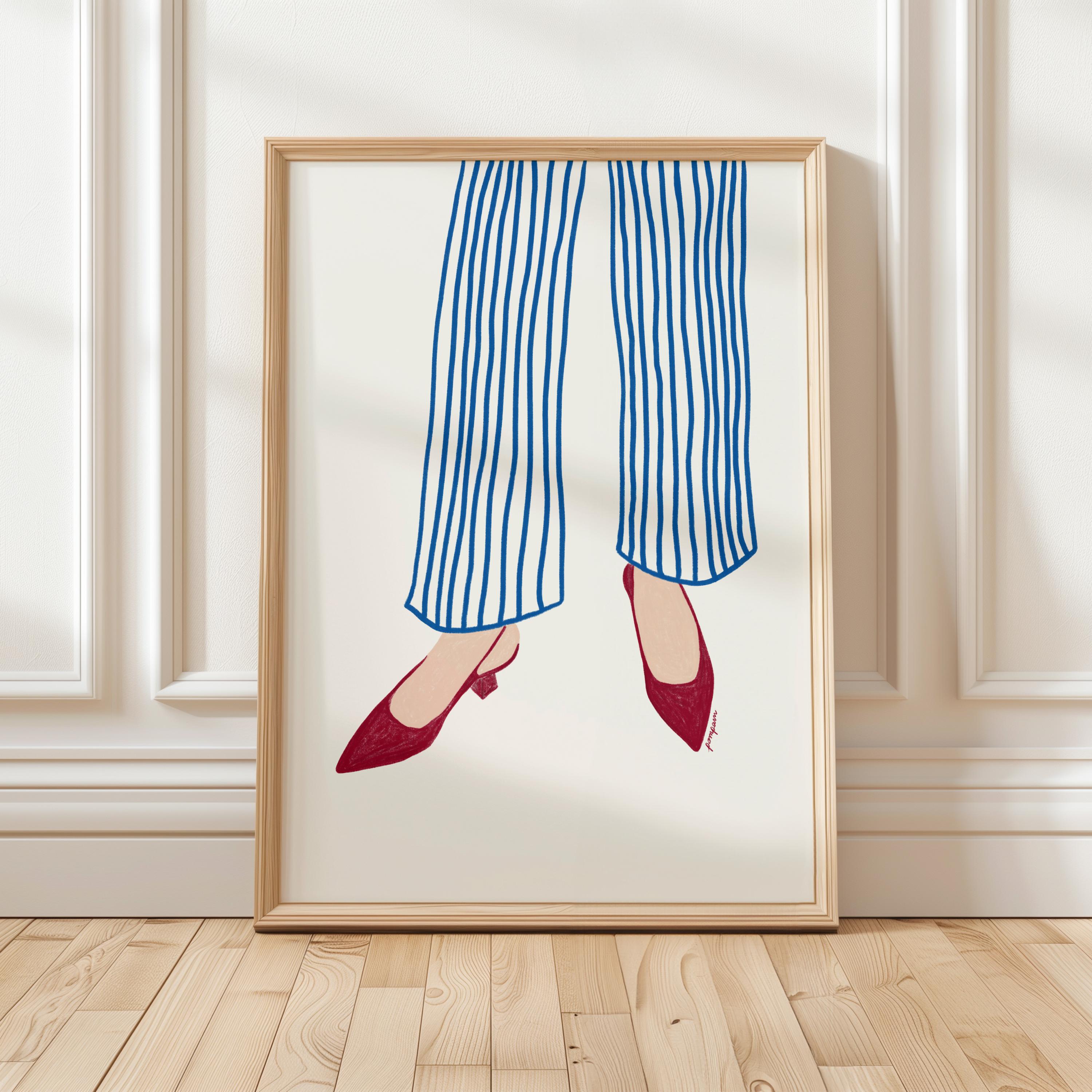 Mode Kunstdrucke, Minimalistische Frau Kunst, feministische Druck, schickes Outfit Poster, blau gestreifte Hose Wandkunst, moderner Stil digitaler Download