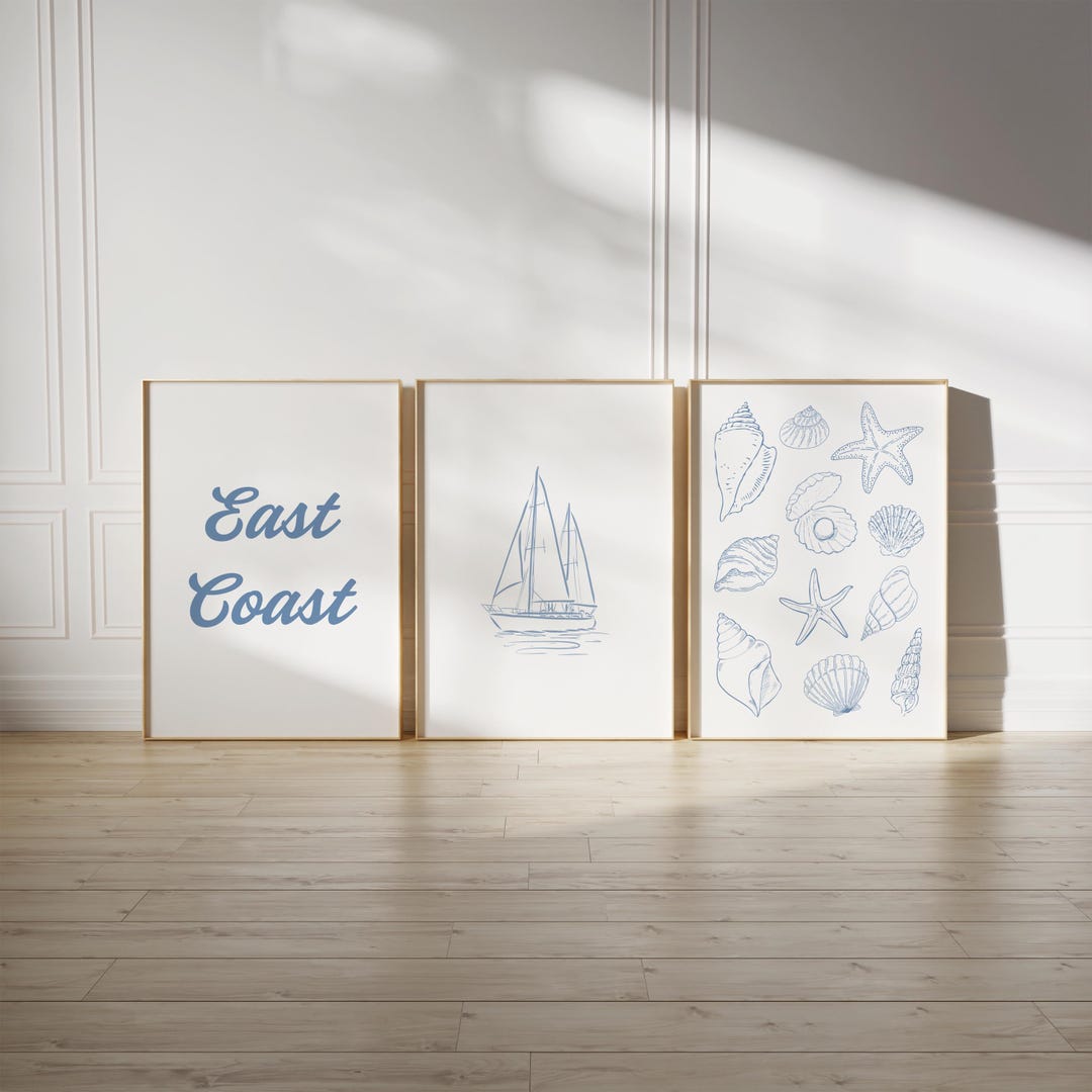Coastal Wall Art Set: Blue & White Sailboat, Seashell Prints (digital ...