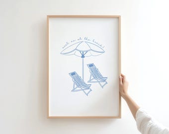 Arte mural "Encuéntrame en la playa", póster de silla costera, decoración minimalista de playa azul, descarga digital
