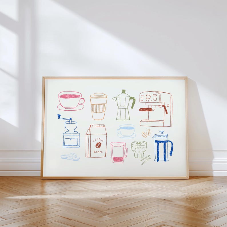 May include: A framed print featuring colorful line drawings of coffee-related items. The illustrations include a coffee cup, to-go cup, coffee maker, espresso machine, coffee grinder, coffee bean bag, and a French press.