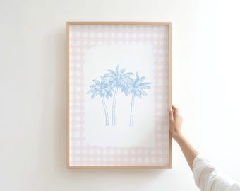 Preppy palmträdstryck: Rosa blå gingham kustväggkonst (digital nedladdning)