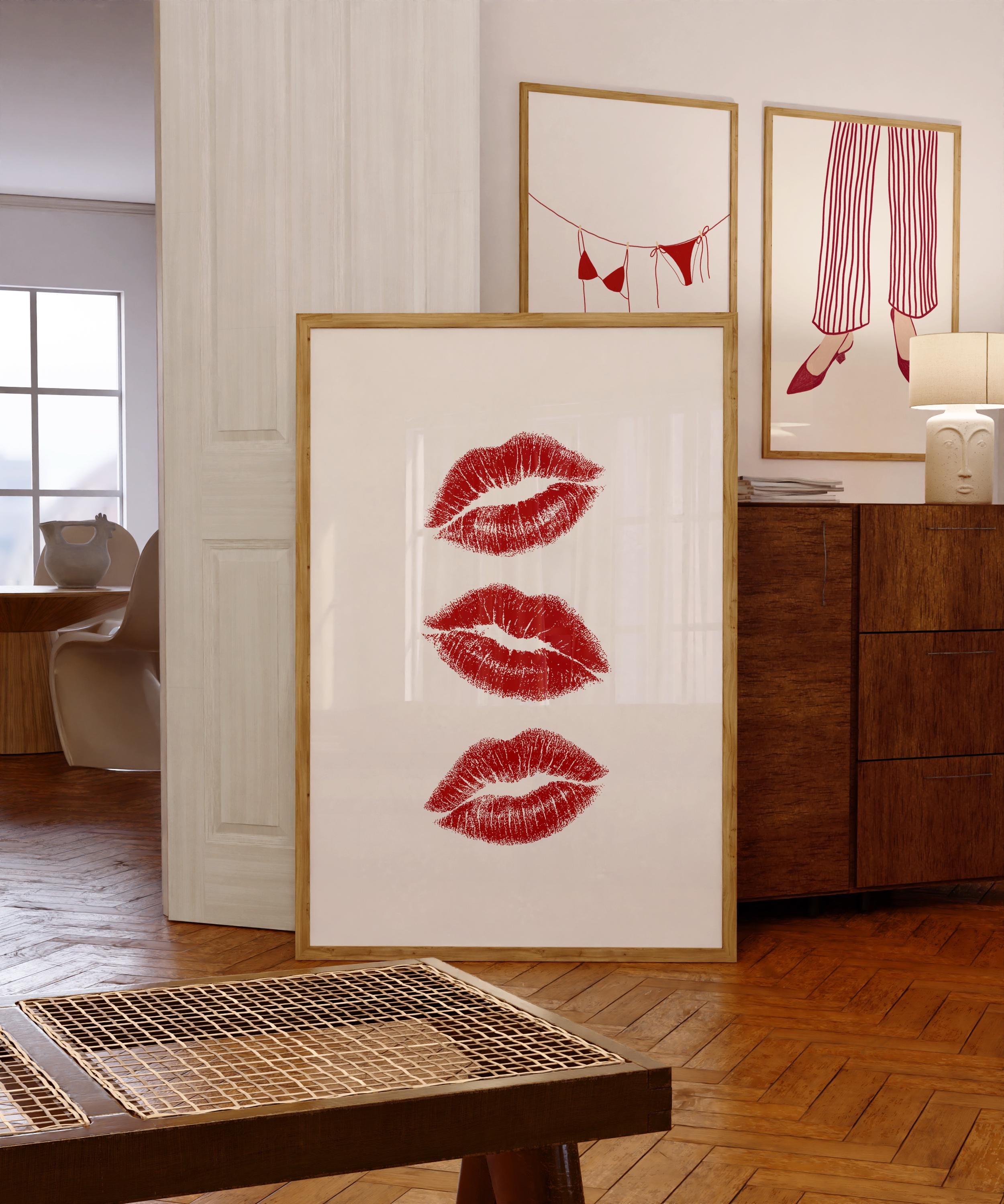 Lip Print Wall Art, Red Lipstick Kiss Poster, Glam Fashion Decor, Pop Art Bathroom Print, Digital Download