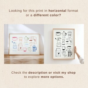 Hand drawn red coffee doodle illustrations featuring coffee cups, espresso machine, moka pot, grinder, and coffee beans on a soft pink background.