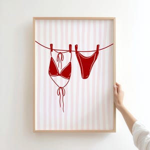 Red bikini wall print, Bikini Hanging Stripe Poster, Beachy Wall Art, Bikini on Clothesline, Trendy coastal Summer Art