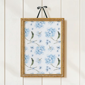 Impressão artística de hortênsia em aquarela, decoração de parede floral azul, arte botânica de fazenda, quarto de bebê azul, download digital