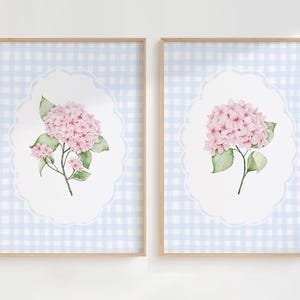 Hortensien Print 2er Set, rosa blau Dekor, Floral Gingham Wandkunst, digitaler Download