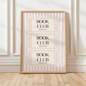 Buchclub Druck, Buchclub Ticket Wandkunst, Buchliebhaber Poster, Girly Kunst Lesedekor, moderne Bücherwurm Digitaler Download Kokette Raumdekor