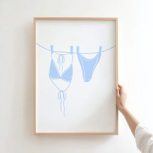 Light Blue Bikini Wall Print, Bikini on Clothesline, Trendy Room Decor, Girly Beach Poster, Preppy Art Print, Digital Art