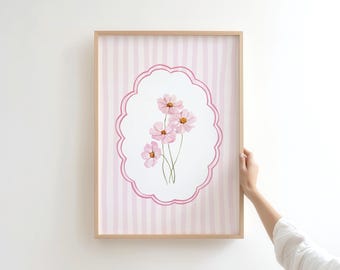 Pink Cosmos Watercolor Prints, Cottagecore Floral Wall Art, Digital Download