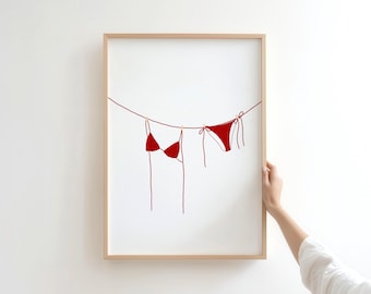 Red Bikini Digital Print, Hand Drawn, Red Prints, Digital Download Print, Trendy Room Decor, Wall Art-Decorate, Trendy coastal wall art