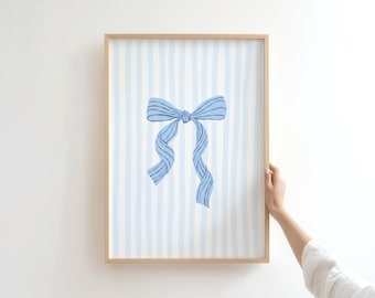 Blue Bow Nursery Print, Preppy Coquette Wall Art, Digital Download