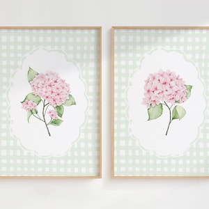 Hortensien-Print-Set, rosa & grüne Cottagecore-Blumenkunst, digitaler Download
