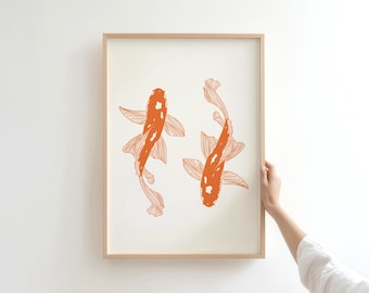 Orange Koi Fish Japanese Art Print, Koi Fish Print, Minimalist Japanese Wall Art, Orange Zen Decor, Yin Yang Poster, Digital Download