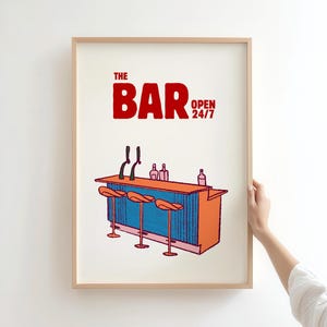 Sztuka na wózek barowy w stylu vintage, wydruk baru otwartego 24/7, wystrój domowego baru w stylu retro, plakat jaskini człowieka, kolorowa sztuka ścienna do kuchni, do wydrukowania w wersji cyfrowej