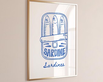 Sardine Print, Retro Sardine Can, Kitchen Wall Art, Fish Tin Poster, Coastal Seafood Decor, Digital Download