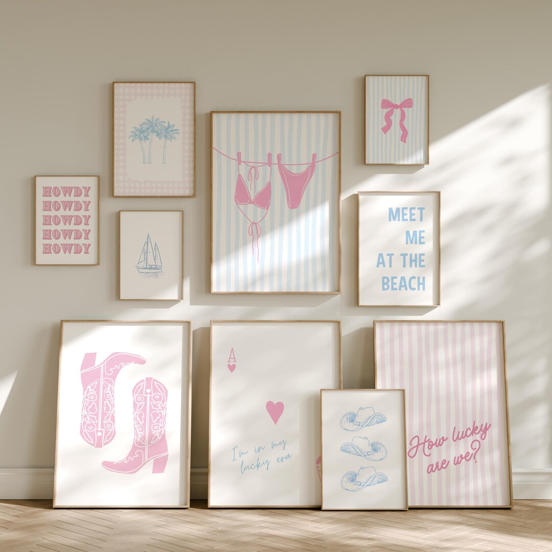Coastal Cowgirl Gallery Wall Art Set: Pink & Blue Dorm Decor (digital ...