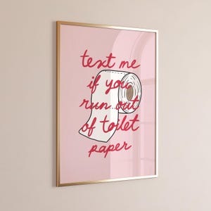Puede incluir: Una impresión artística enmarcada en rosa con el texto "text me if you run out of toilet paper" en escritura roja. La imagen incluye un dibujo animado de un rollo de papel higiénico.