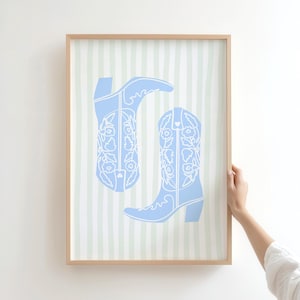 Blue Cowboy Boots Print, Blue Green Poster, Coastal Cowgirl Wall Art, Digital Download
