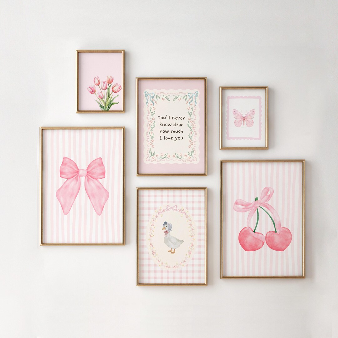 Pink Coquette Nursery Wall Art Set of 6, Vintage Bow & Cherry Prints ...