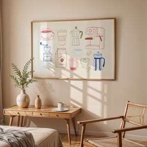 May include: A framed print featuring colorful line drawings of various coffee-making equipment, including a coffee maker, grinder, and French press. The artwork is displayed on a light-colored wall above a wooden desk and chair, creating a cozy atmosphere.