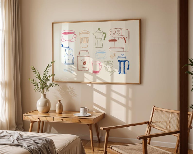 May include: A framed print featuring colorful line drawings of various coffee-making equipment, including a coffee maker, grinder, and French press. The artwork is displayed on a light-colored wall above a wooden desk and chair, creating a cozy atmosphere.