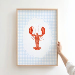 Lobster Wall Print, Coastal Kitchen Decor, Preppy Wall Art, Red White and Blue Gingham Poster, Digital Download