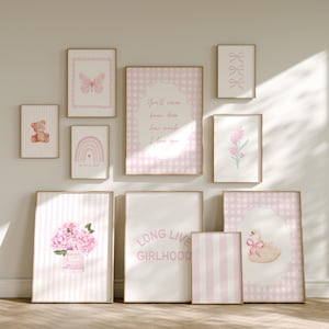 Pink Nursery Wall Art Set, Girl Room Printable Bundle, Pastel Gingham Digital Prints for Baby Room Decor