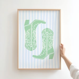 Green Cowboy Boots Print, Coastal Cowgirl Decor, Blue Stripes Art, Digital Download