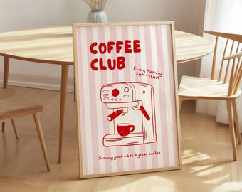 Coffee Club Wall Art Printable, Espresso Machine Poster, Coffee Lover Decor , Kitchen Print, Red Pink Retro Coffee Art, Digital Download