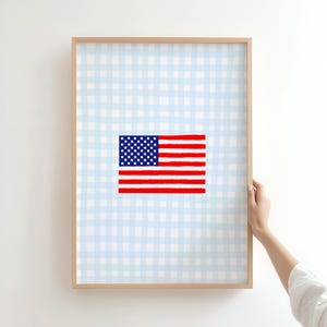 アメリカ国旗プリント、愛国的なアメリカ国旗ウォールアート、プレッピーな愛国的なウォールアート、ブルーギンガムポスター、デジタルダウンロード
